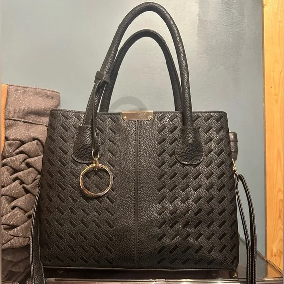Black Woven Tote Satchel Handbag - Picture 2 of 7